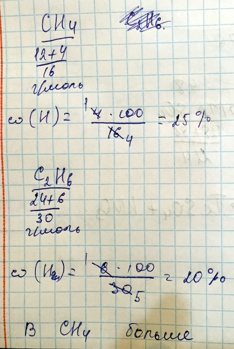 Вычислите, в котором из соединений массовая доля H больше: в этане или в метане.