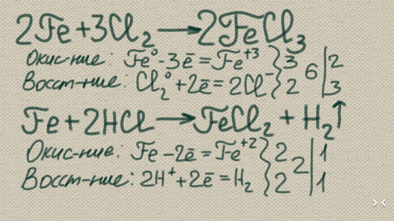 При взаимодействии железа с хлором образуется хлорид железа (3), а при реакции железа с соляной кислотой получается хлорид железа (2). Напишите