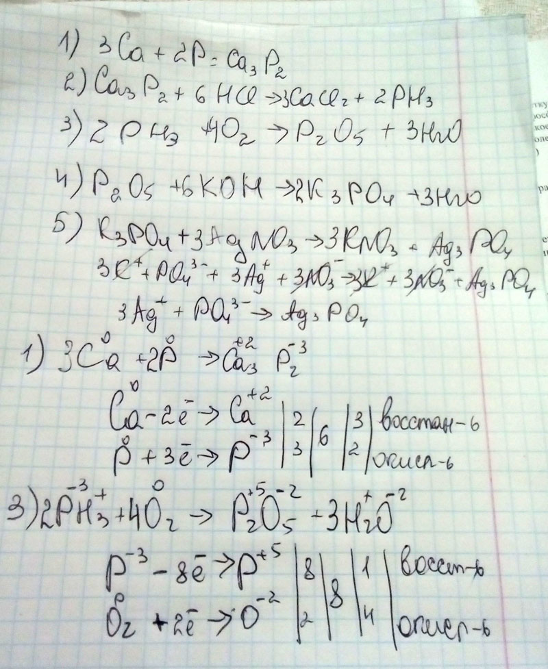 Осуществить следующие превращения:  P→Ca3P2→PH3→P2O5→K3PO4→Ag3PO4,  1,2,3-разобрать как окислительно-восстановительные  5-Расписать на ионы