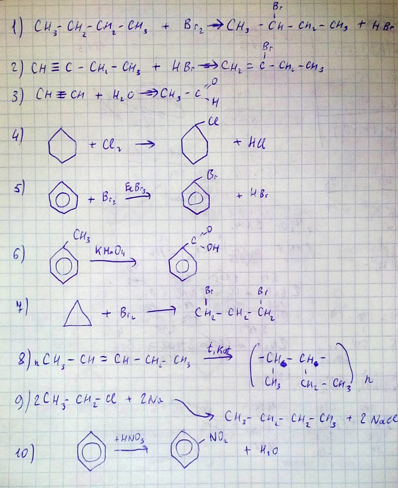 Напишите уравнения реакций, в некоторых с рисунками и тут должны по идеи быть двойные тройные связи 1. Бутан+br2 2. Бутин+HBR 3.