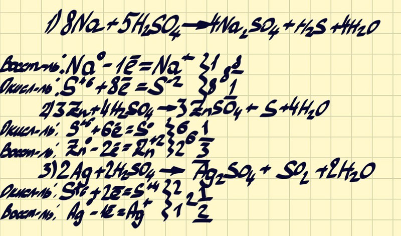 Допишите уравнение реакции. (к-концентрированная. 1. Na+H2SO4(к->.+.+H2Sl^2.Zn+H2SO4(к->.+.+S3.Ag+H2SO(к->.+.+SO2|^