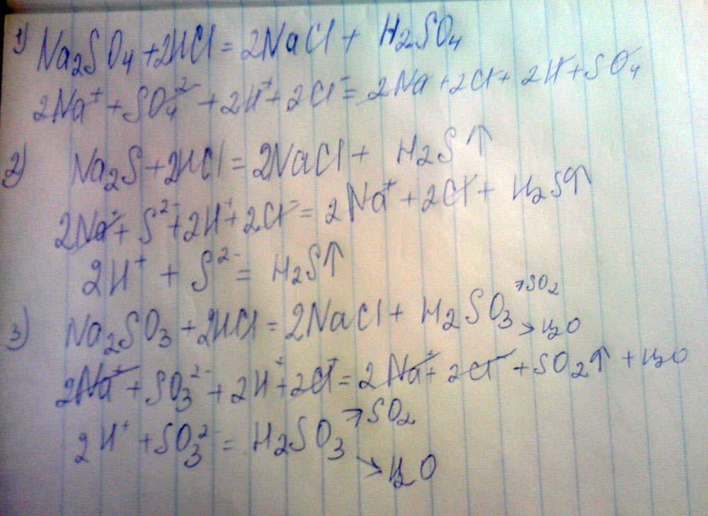 Напишите уравнения реакция в сокрощонном ионно-молекулярном виде сульфата cульфида сульфита натрия + Hcl оо!