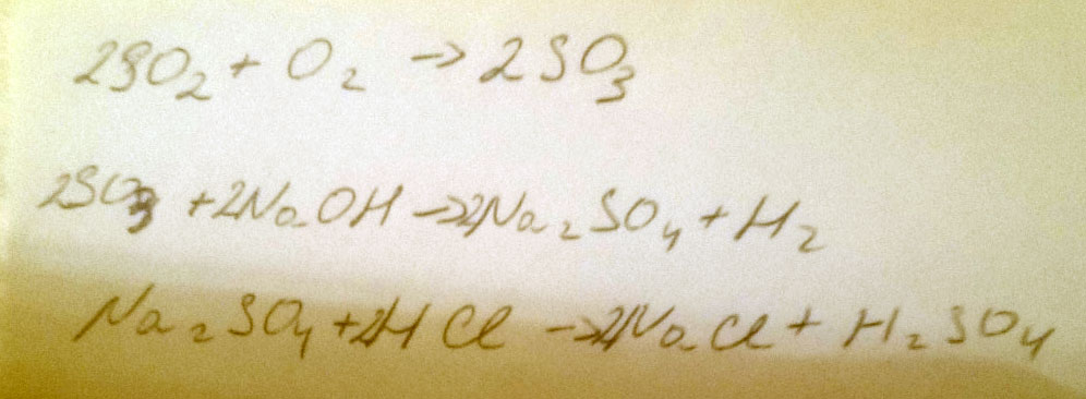 Осуществить следующие превращения по схеме: SO2 → SO3 → Na2SO4 → NaCl Для реакции (1) составьте схему электронного баланса, а реакции