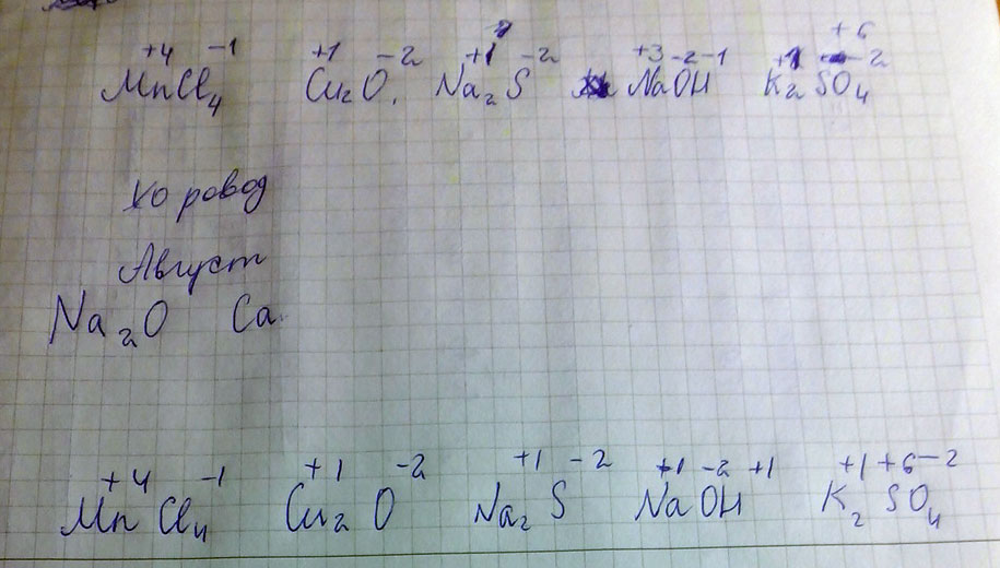 1) Расставить степени окисления у атомов для следующих веществ: MnCl4.Cu2O.Na2S.NaOH.K2SO4.