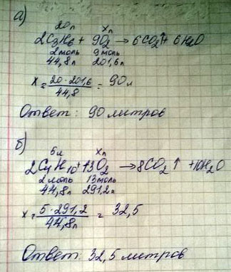 Какой объем кислорода потребуется для сгорания: А) 20 л. ПропЕна Б) 5 л. Бутана?