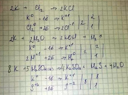 1. Напишите уравнения реакций взаимодействия калия с хлором, водой, серной кислотой. Расставьте коэффициенты методом электронного баланса. е