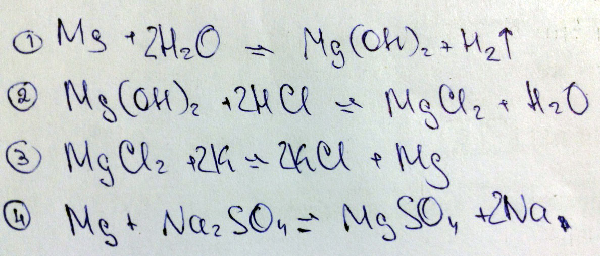 Решите цепочку, назовите вещества и тип реакции. Mg-mg(oh)2-MgCl2 Mg-MgSO4