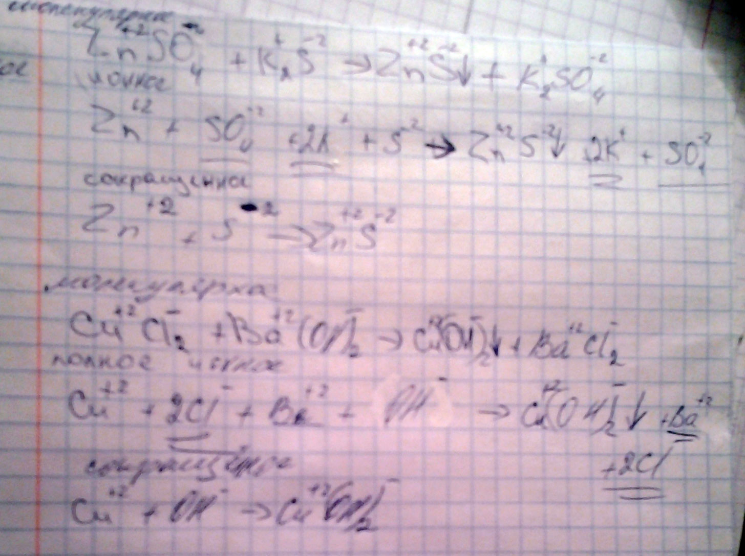 Напишите уравнение реакций в молекулярном и ионном видах: ZnSO4+K2S = CuCl2+Ba(OH)2=