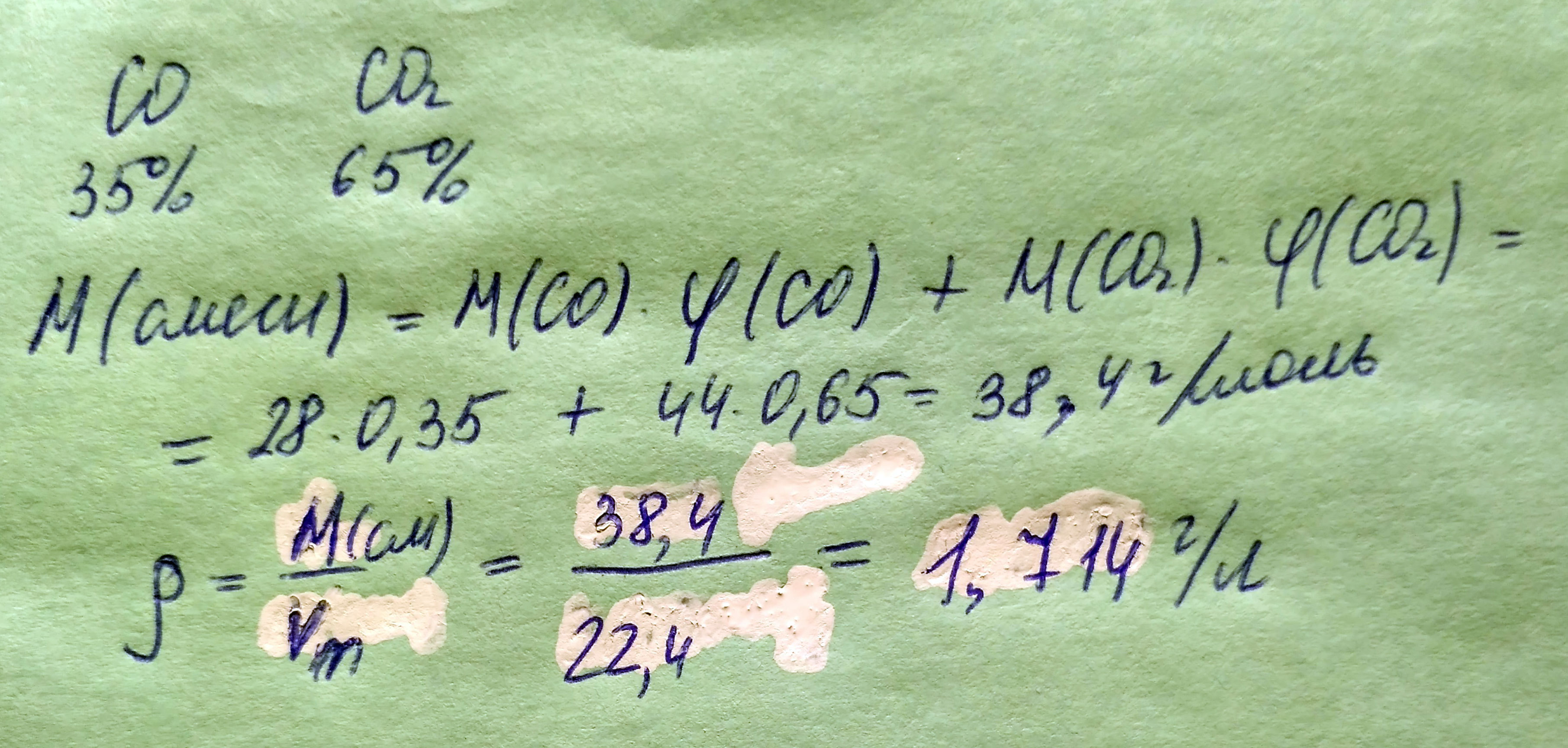 Какова плотность (н.у.) смеси газов, в которой объемные доли CO и CO2 соответственно равны 0,35 и 0.65