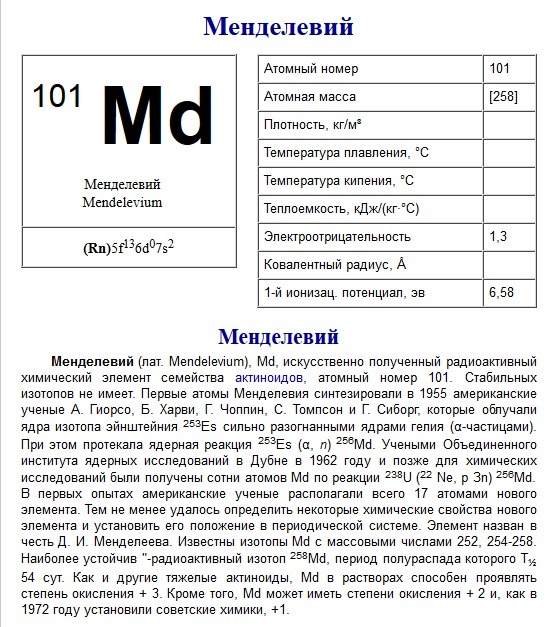 Физические свойства хим. элемента 101 (Менделевий)