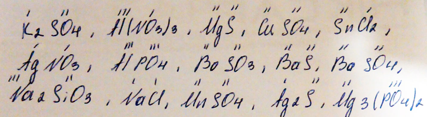 Назовите следующие соли: K2SO4, Al (NO3)3, MgS, CUSO4, SNCl2 AgNO3, AIPO4, BaSO3, BaS, BaSO4, Na2SiO3, NaCl, MnSO4, Ag2S, Mg3 (PO4)2. Укажите над формулами значения валентности металла и кислотного остатка