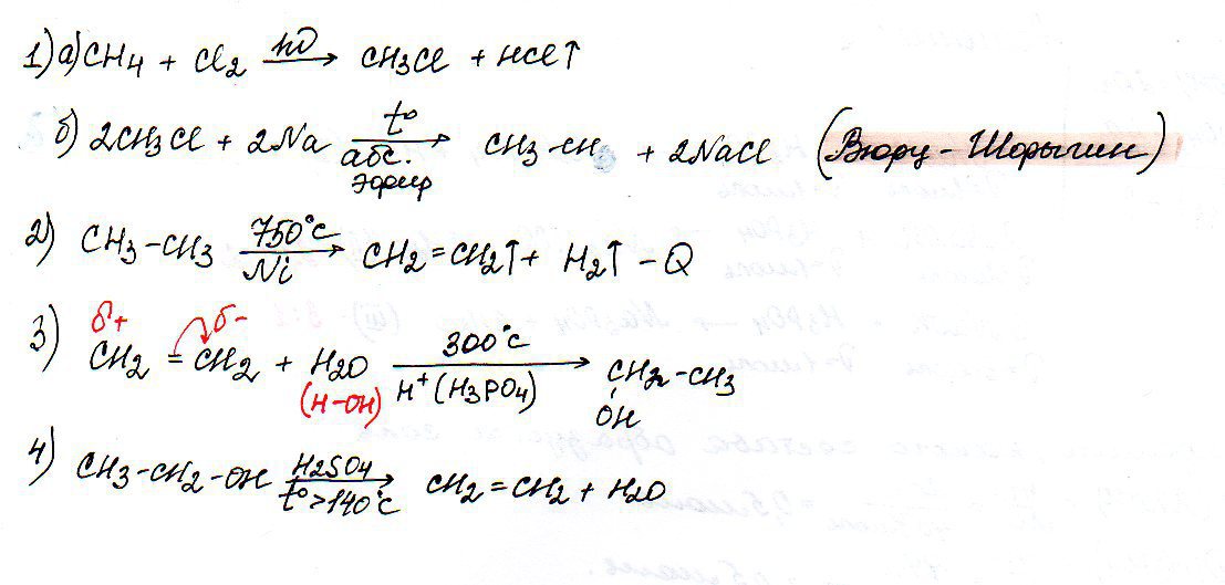 Осуществить превращение СН4-> C2Н6-> C2Н4-> C2Н5ОН-> С2Н4