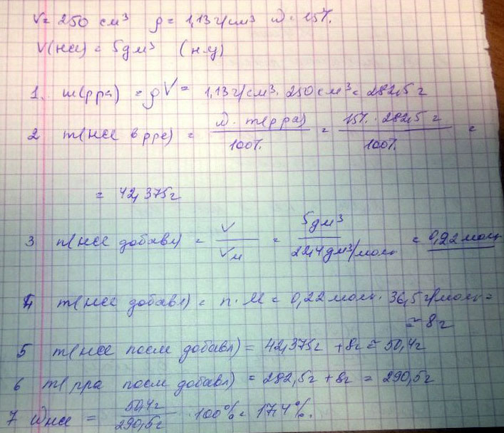 К раствору соляной кислоты объемом 250 см3 (р=1,13 г/см3) с массовой долей вещества 15% добавили 5 дм3 (н.у.) хлороводорода. Определите массовую долю вещества(%) в полученном растворе.
