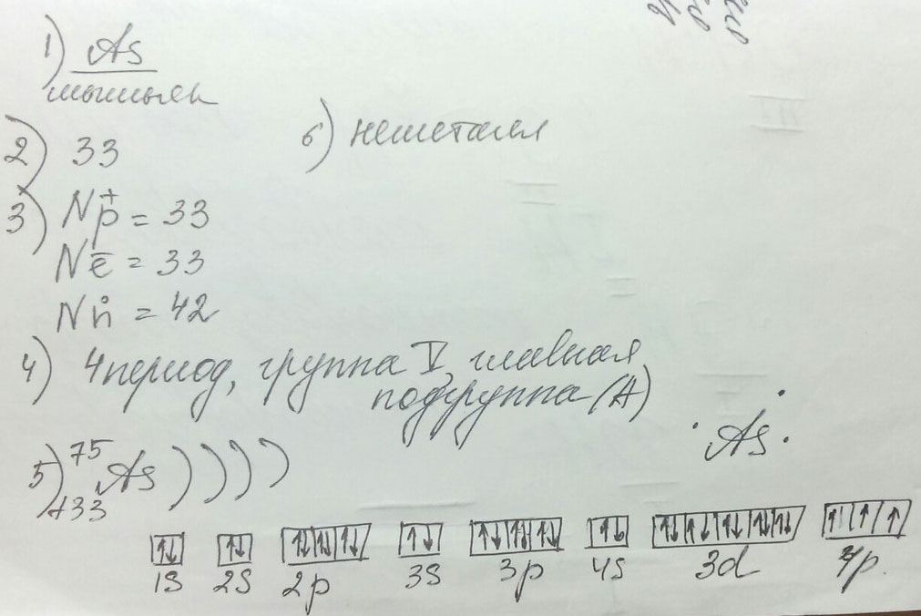 Дайте характеристику элемента 33 (As) - мышьяк по следующему плану: А) знак и название химического элемента; Б порядковый номер; В число c, p, n; Г периода, группы, тип подгруппы;